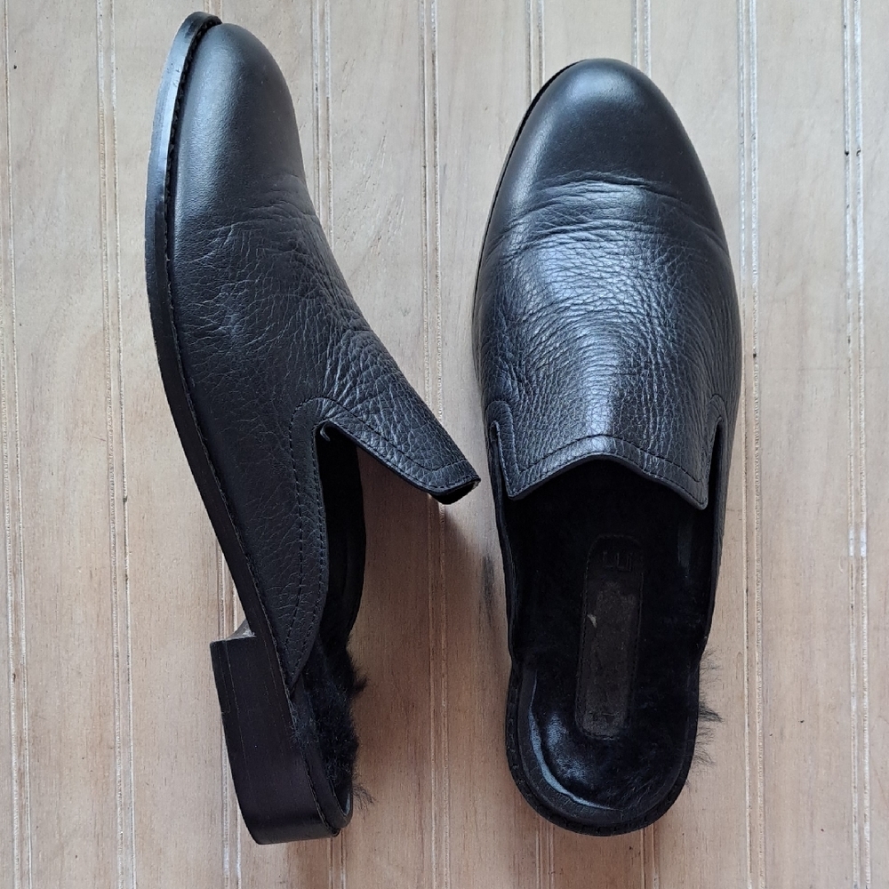 1. State Facia Black Leather Slip-On Loafers Rabbit Fur Lining Quality Slip On